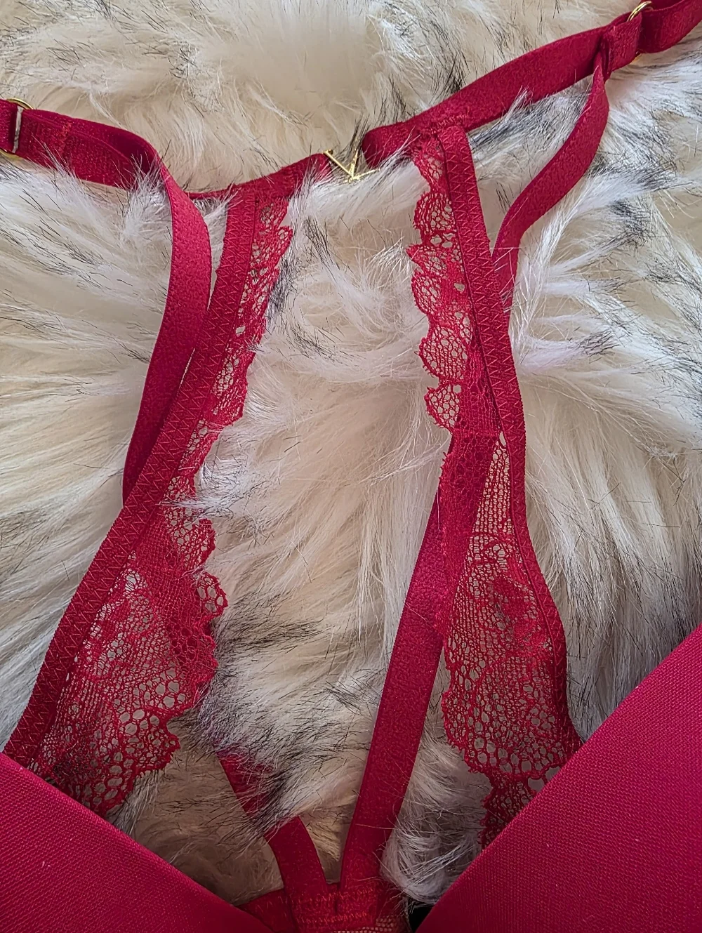 Victoria's Secret Red Angel Wing Back Strappy Bra Panty Set 34B M Gold Hardware